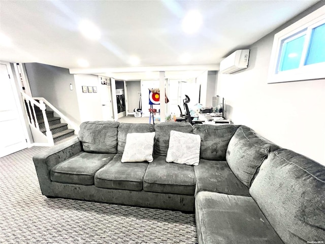 living room featuring carpet flooring and a wall mounted AC