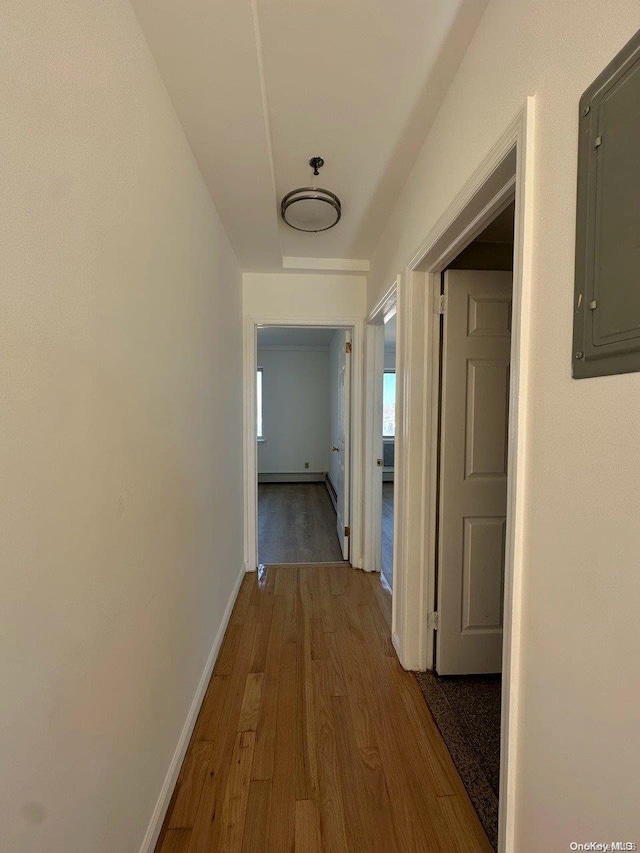 hall featuring electric panel and hardwood / wood-style flooring