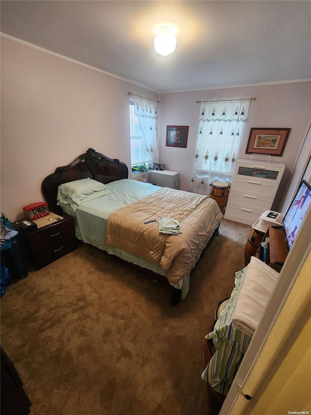 bedroom with crown molding and dark colored carpet