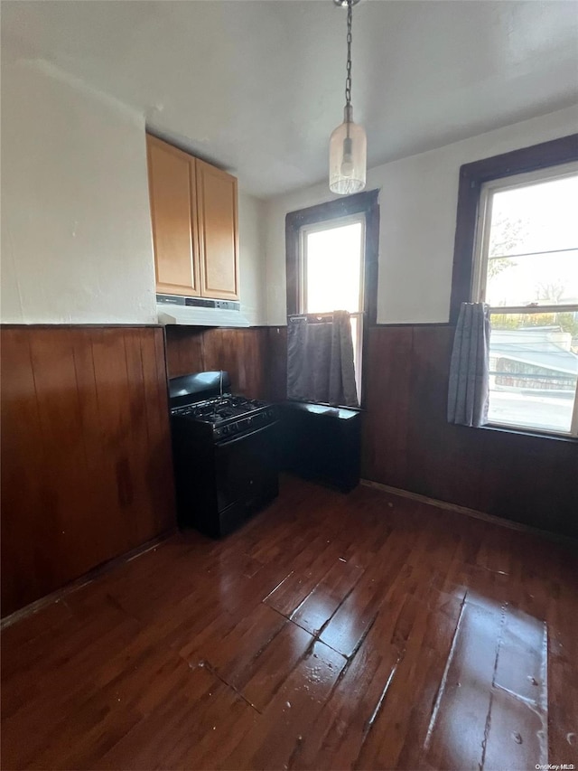 kitchen with black gas range, plenty of natural light, pendant lighting, and dark hardwood / wood-style floors