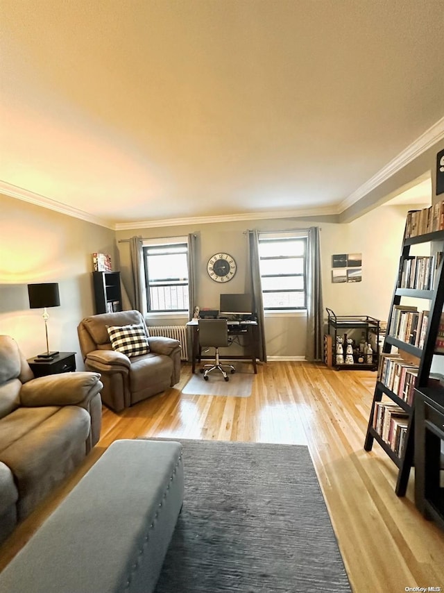 living room featuring crown molding, radiator heating unit, and wood-type flooring