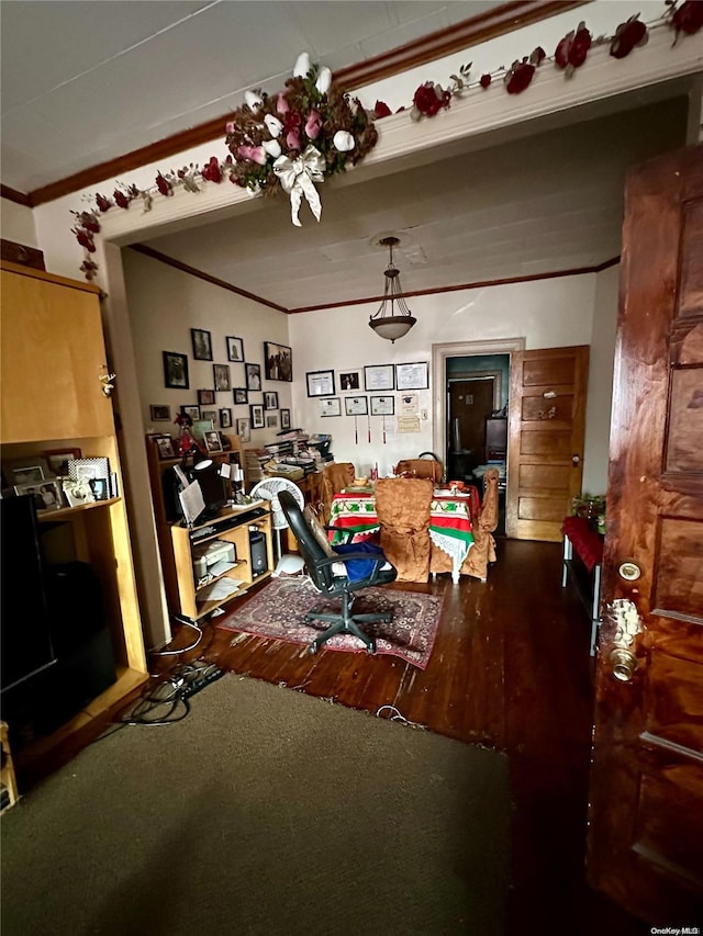 229 Nichols Ave, Brooklyn, NY 11208 - dining area with ornamental molding, an office area, and wood finished floors