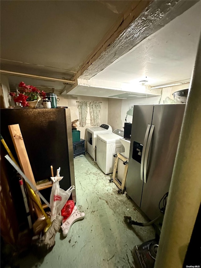 229 Nichols Ave, Brooklyn, NY 11208 - kitchen with stainless steel fridge, washing machine and clothes dryer, and unfinished concrete flooring