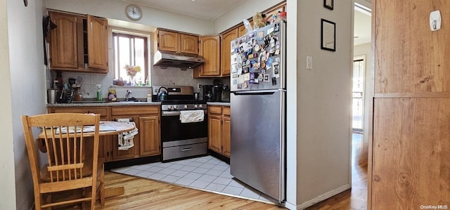 kitchen featuring backsplash, sink, light hardwood / wood-style floors, and appliances with stainless steel finishes