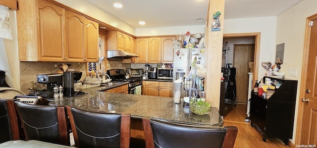 kitchen with kitchen peninsula, dark stone countertops, light wood-type flooring, and appliances with stainless steel finishes