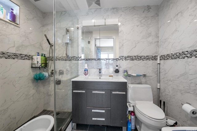 bathroom featuring walk in shower, a bidet, toilet, and tile walls