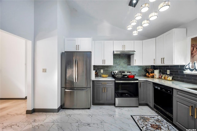 kitchen with white cabinets, gray cabinetry, stainless steel appliances, and high vaulted ceiling