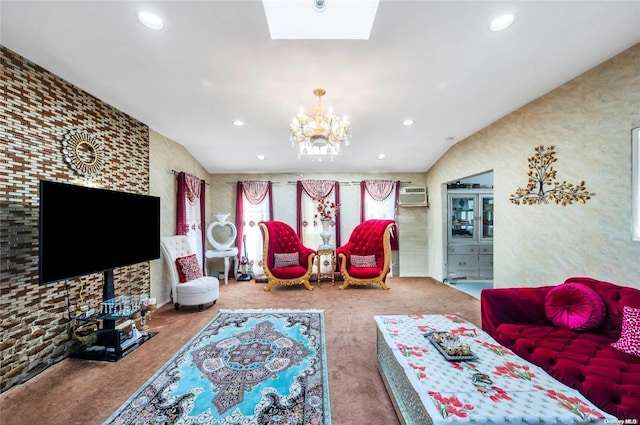 living room with a wall mounted air conditioner, carpet flooring, lofted ceiling, and an inviting chandelier