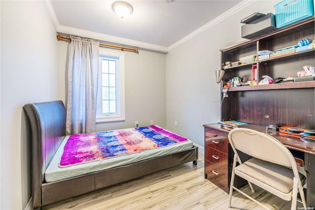 bedroom featuring ornamental molding and light wood-type flooring