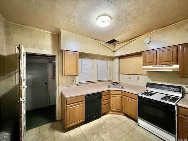 kitchen with white stove, sink, black dishwasher, and vaulted ceiling