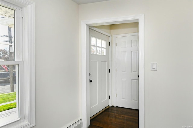 doorway to outside featuring dark wood-type flooring