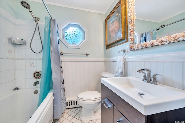 full bathroom with shower / bath combo, vanity, crown molding, tile patterned flooring, and toilet