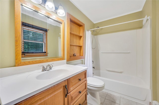 full bathroom featuring tile patterned flooring, vanity, toilet, and shower / tub combo with curtain