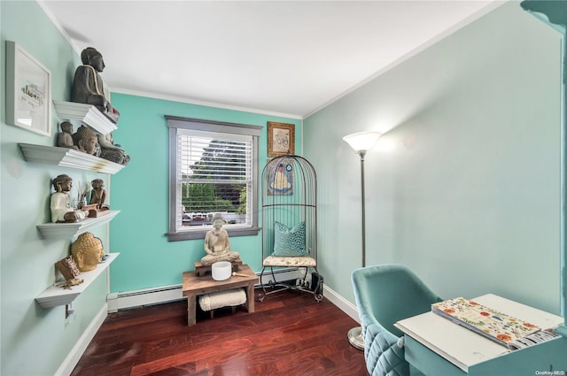 home office featuring crown molding, dark wood-type flooring, and a baseboard radiator