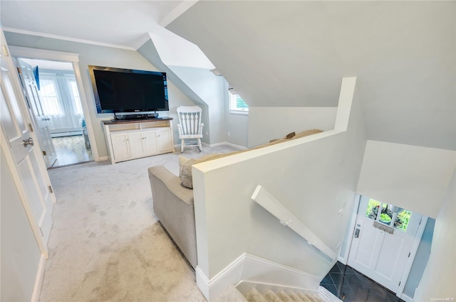 carpeted living room with a baseboard radiator and vaulted ceiling