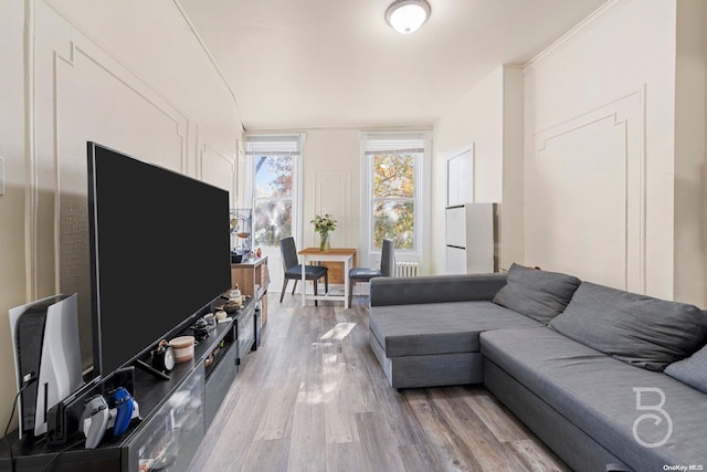 living room featuring crown molding and hardwood / wood-style flooring