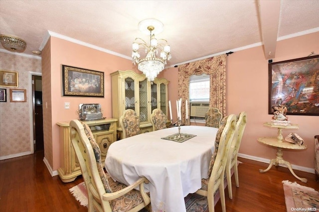 dining room with a textured ceiling, dark hardwood / wood-style flooring, crown molding, and a notable chandelier