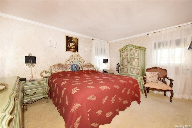 carpeted bedroom with crown molding