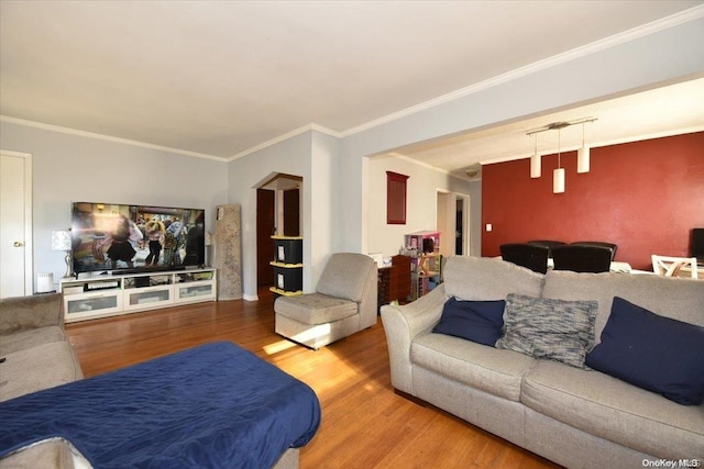 living room with crown molding and hardwood / wood-style floors