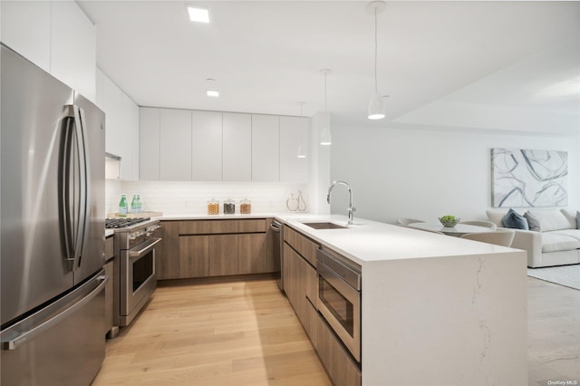 218 Middle Neck Rd Unit 301, Great Neck, NY 11021 - kitchen featuring stainless steel appliances, modern cabinets, a sink, open floor plan, and light wood-type flooring