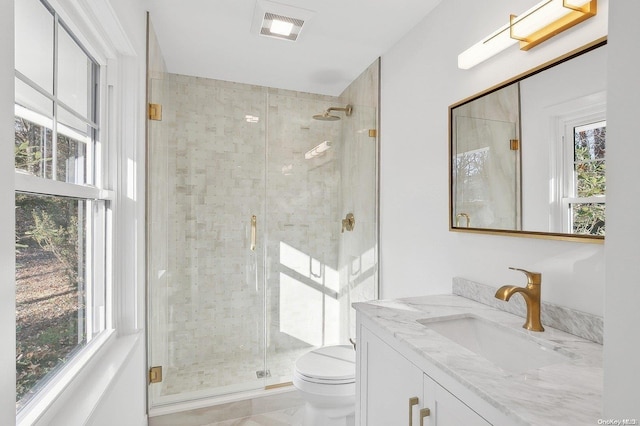 bathroom with vanity, toilet, and a shower with shower door