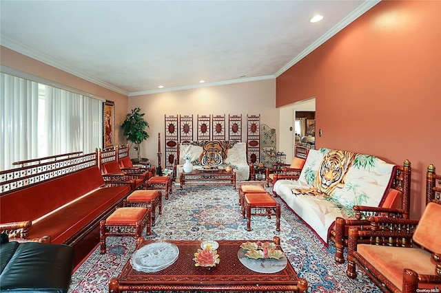 living room featuring crown molding