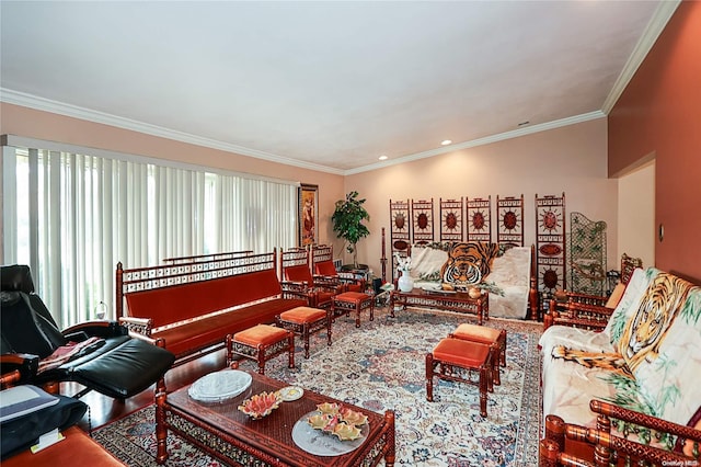 living room featuring crown molding