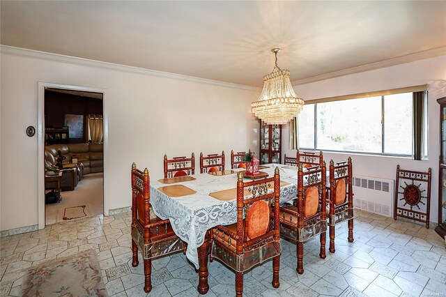 20 Rolling Hill Rd, Old Westbury, NY 11568 - dining space featuring radiator heating unit, a chandelier, crown molding, and baseboards