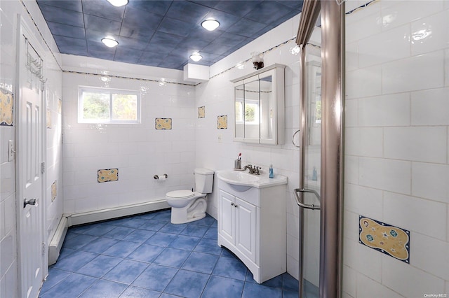 20 Rolling Hill Rd, Old Westbury, NY 11568 - full bath with tile walls, vanity, toilet, tile patterned flooring, and a stall shower