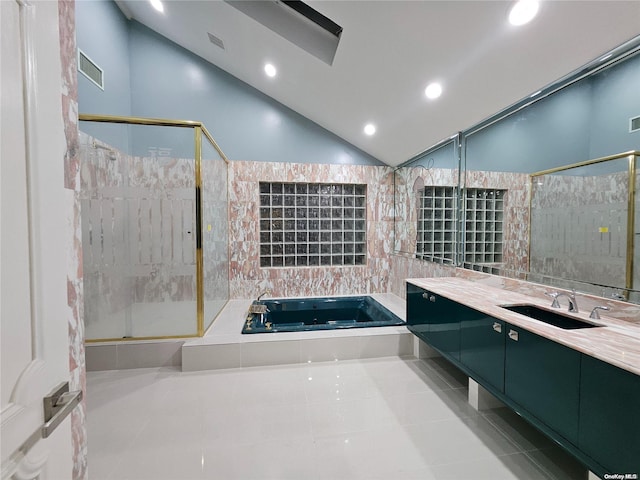 bathroom with vanity, recessed lighting, visible vents, and a stall shower