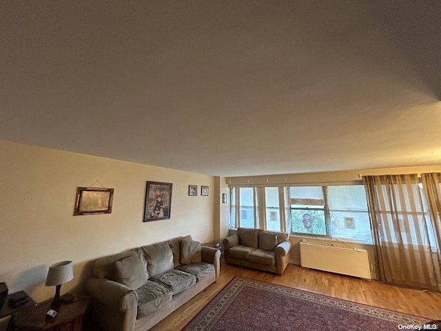 living room with hardwood / wood-style flooring and radiator