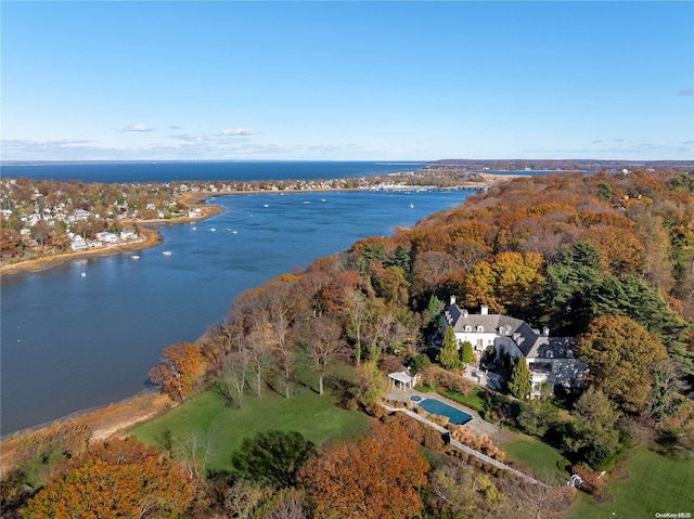 aerial view featuring a water view