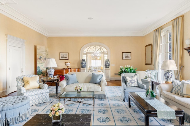 living room featuring light hardwood / wood-style floors and ornamental molding
