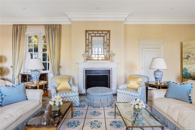 living room with light tile patterned floors and crown molding