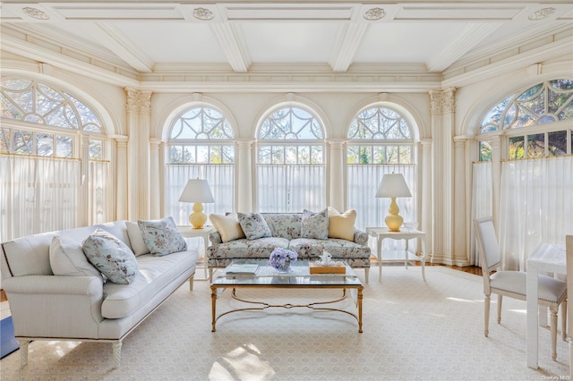 sunroom with a healthy amount of sunlight and coffered ceiling