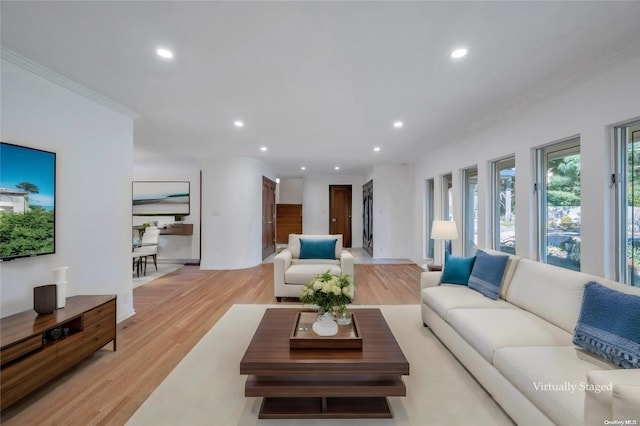 living room with light hardwood / wood-style flooring and ornamental molding