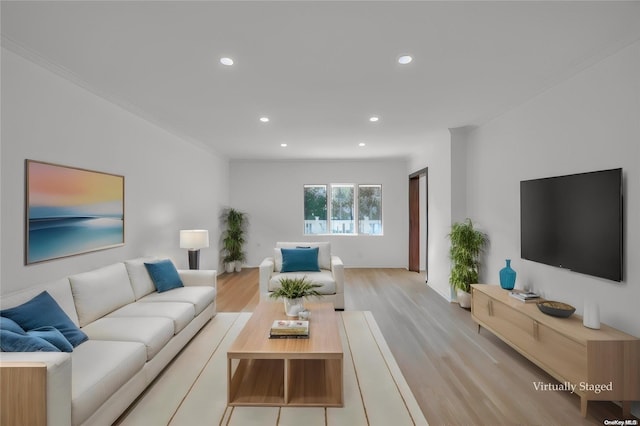 living room featuring light hardwood / wood-style floors and crown molding