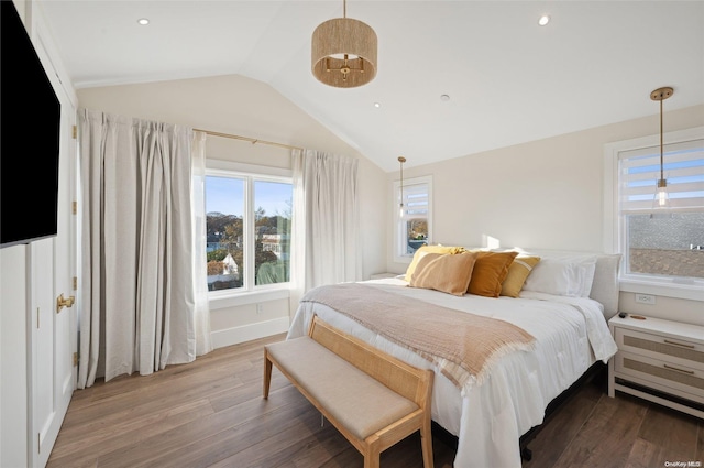 bedroom with wood-type flooring and lofted ceiling