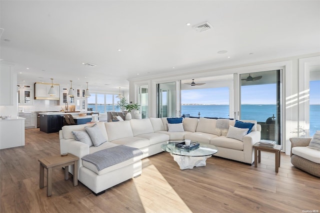 living room with light hardwood / wood-style floors and a water view