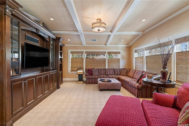 carpeted living room with beam ceiling, ornamental molding, and coffered ceiling