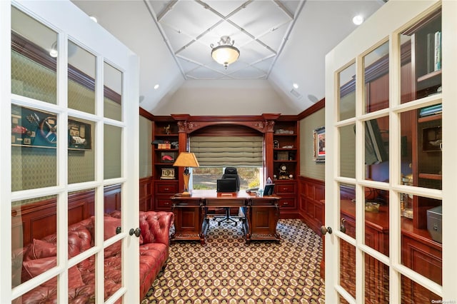 office featuring carpet flooring, french doors, and lofted ceiling