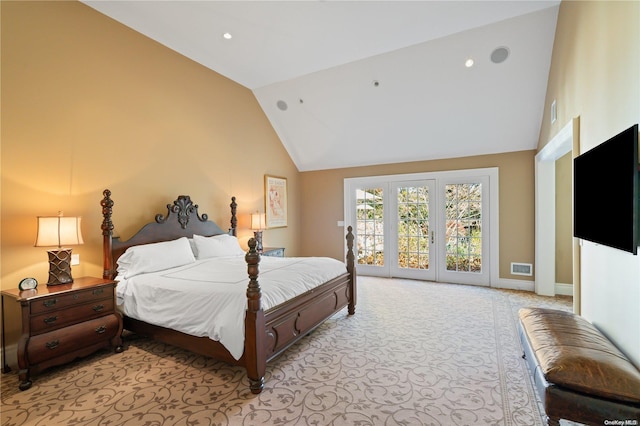 bedroom featuring access to exterior, light carpet, and high vaulted ceiling