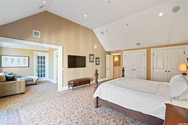 carpeted bedroom with multiple closets and high vaulted ceiling