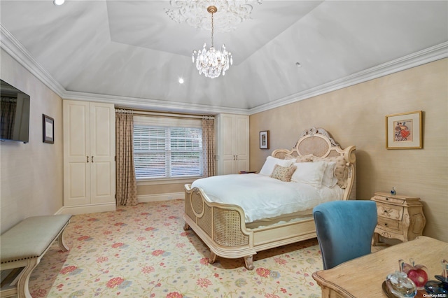 bedroom featuring a notable chandelier, lofted ceiling, and crown molding