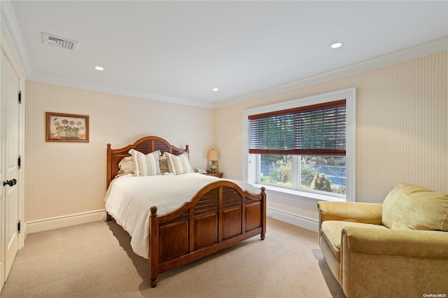 bedroom with light carpet and ornamental molding