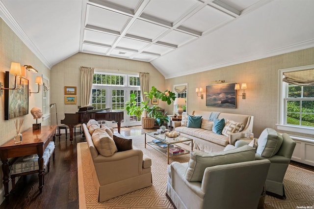 living room with lofted ceiling, hardwood / wood-style floors, crown molding, and coffered ceiling