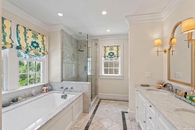 bathroom featuring shower with separate bathtub, vanity, and ornamental molding