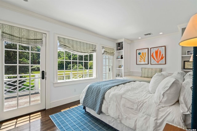 bedroom featuring access to outside, crown molding, and dark wood-type flooring