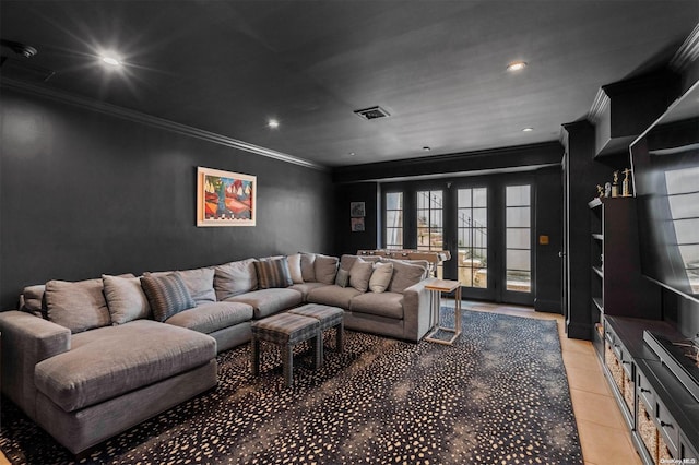 tiled living room with ornamental molding