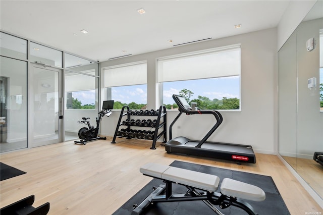 exercise room with light wood-type flooring